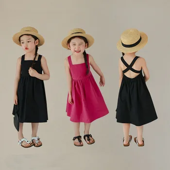 Платье-слинг для девочек Летняя детская одежда Однотонные платья принцессы из тонкого чистого хлопка для девочек