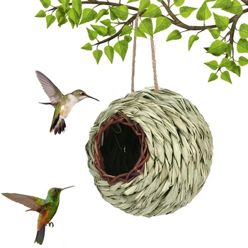 Скворечник ручной работы из натуральной травы с подвесной веревкой, хижина для птичьего гнезда ручной работы, маленькое убежище для птиц на открытом воздухе