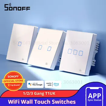 Sonoff T1 UK Plug 86 Тип Smart Wall Сенсорный Выключатель Света Закаленная Сенсорная Стеклянная Панель Поддержка WiFi / RF / APP / Сенсорного Управления 1/2/3 Банды