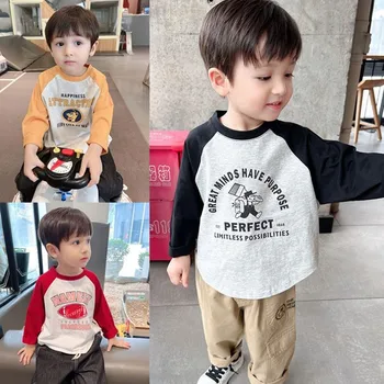 Мягкая комфортная детская футболка Реглан с длинным рукавом 2023, Осенний новый детский топ с героями мультфильмов, базовая рубашка, детская одежда, пуловеры для маленьких мальчиков