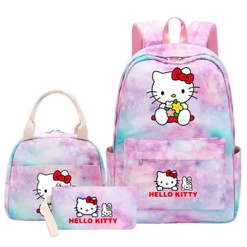 Новая детская ручка с рисунком Hello Kitty, сумки для ланча, сумки для книг, 3 предмета, женские школьные сумки для подростков, Дорожный ноутбук, Радужный рюкзак