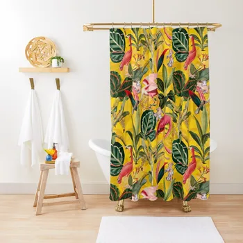 Винтажная желтая занавеска для душа с тропическими птицами и джунглями в саду для ванной и душа, набор для душа, декоративная занавеска для ванной комнаты