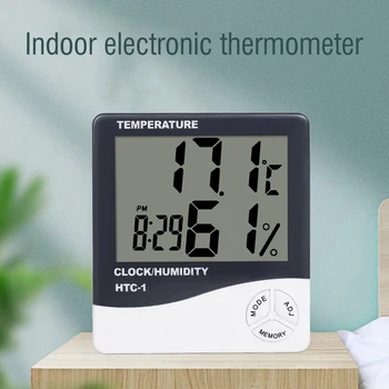 HTC-1 Цифровой комнатный термометр-гигрометр, часы для дома, высокоточный измеритель температуры и влажности с батарейным питанием AAA