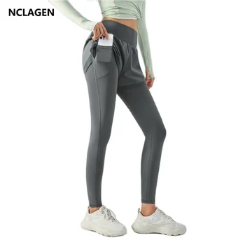 NCLAGEN Поддельные женские штаны для йоги из 2 предметов с карманами, летние спортивные леггинсы с высокой талией, подтягивающие бедра, шорты, колготки для фитнеса, тренажерного зала