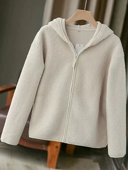 Женская зимняя куртка 2024, толстовка с капюшоном из искусственного овечьего флиса, короткий теплый кардиган на молнии для женщин, однотонный, легкий, черный, бежевый