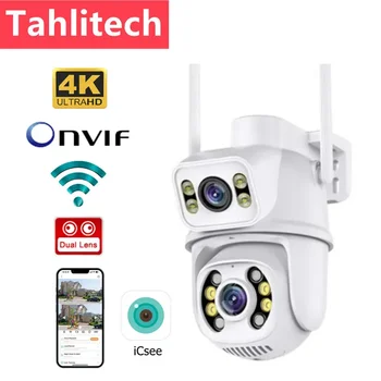 Камера видеонаблюдения 4K Wifi с двумя объективами, автоматическая слежка за человеком, 8-мегапиксельные беспроводные наружные камеры видеонаблюдения, IP-камера ночного видения iCSee