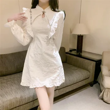 Весной и осенью Новое высококачественное платье с оборками в китайском стиле, женское черно-белое модное мини-платье Y2K