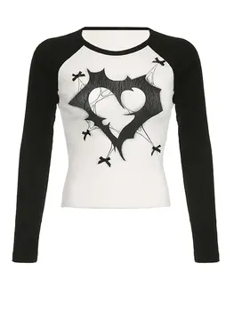 Женская винтажная рубашка Fairy Grunge, укороченные топы с длинным рукавом и принтом в виде сердца, облегающая футболка 90-х с круглым вырезом, облегающая футболка