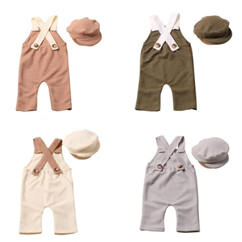 67JC Реквизит для детской фотосъемки, Берет и брюки на подтяжках, Фотокостюм, реквизит для фотостудии, Универсальный костюм для новорожденных, подарок для душа