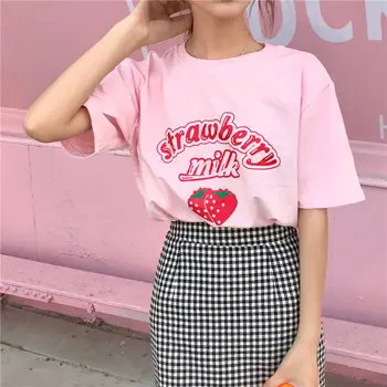 Милая милая девушка Harajuku, Свободная Женская футболка с принтом клубничного молока, Harajuku pink fun kawaii, повседневные топы Ulzzang