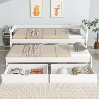 Кушетка, односпальные и двуспальные кровати, раздвижная кровать на колесиках, 2 выдвижных ящика из МДФ, каркас из массива дерева, белый (200x90 см /190x90 см)