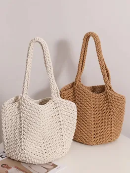 Корейский Instagram Хлопчатобумажная вязаная сумка на одно плечо, новая вязаная крючком сумка, плетеная из травы, пляжная сумка для отдыха
